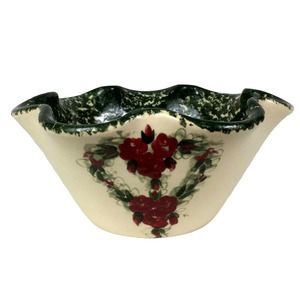 East Texas Pottery Heart Floral Green Sponge Stoneware Mixing Serving Bowl